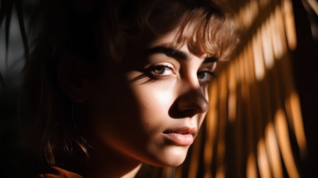 Portrait of a beautiful young woman in a dark room with blindsの素材