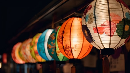 Colorful paper lanterns in the night market in Kyoto, Japanの素材