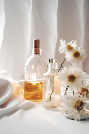 Bottles of essential oil and chamomile flowers on tableの素材