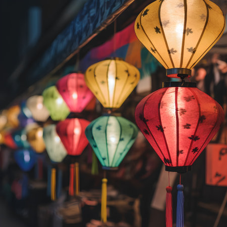 Colorful paper lanterns at night market in Bangkok, Thailand.の素材
