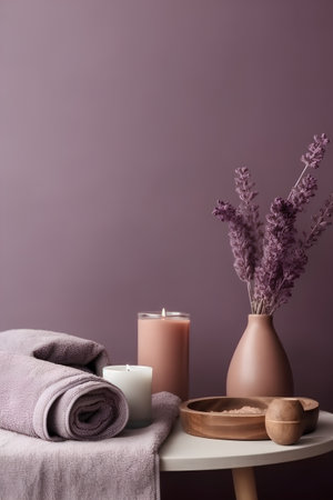 Spa composition with lavender, candles and towel on the tableの素材