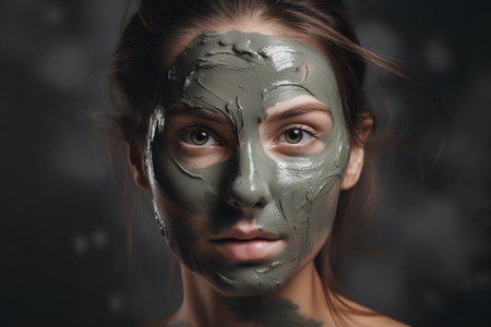 Beautiful young woman with clay facial mask on dark background. Beauty treatment.の素材