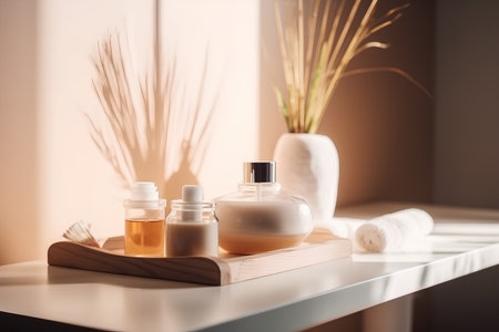 Spa and skin care products on a white table in a modern bathroomの素材