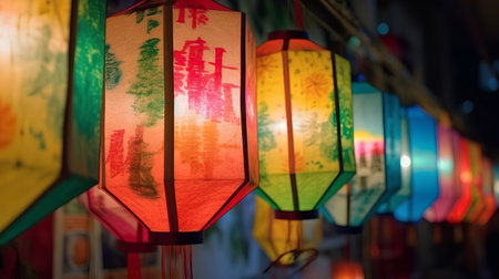 Colorful paper lanterns in chinese temple, closeup of photoの素材