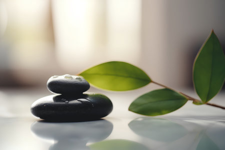 Spa still life with zen stones and green leaves over blurred backgroundの素材