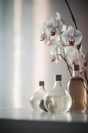 Perfume bottles and white orchid flowers on a white tableの素材