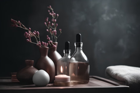 Spa still life with candles and bottles of oil on dark backgroundの素材