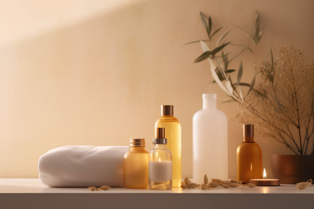 Spa still life with cosmetic bottles, towels and flowers. 3d renderingの素材