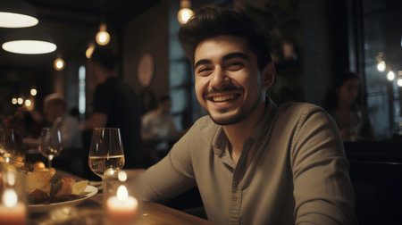 Young man sitting in a restaurant and drinking wine. He is smiling.の素材