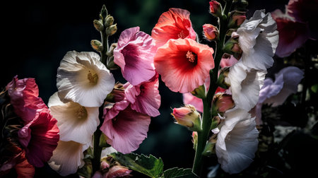 Pink and white hollyhock flowers on a dark background.の素材
