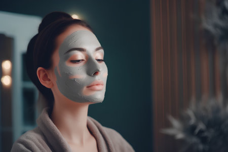 Photo for Beautiful young woman with a clay mask on her face at home. - Royalty Free Image