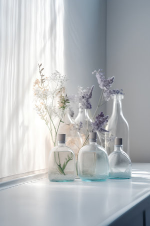 Aromatherapy, spa, beauty and aromatherapy concept - glass bottles with lavender flowers on white tableの素材