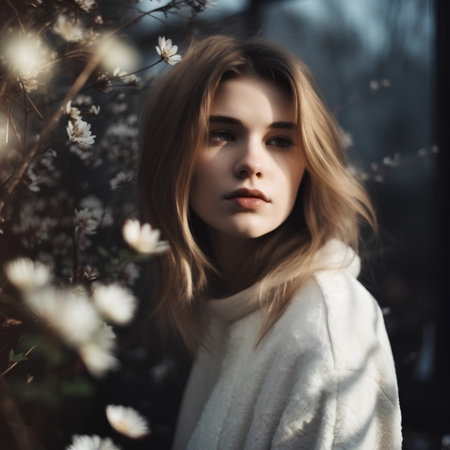 Portrait of a beautiful young girl in a white sweater in a spring gardenの素材