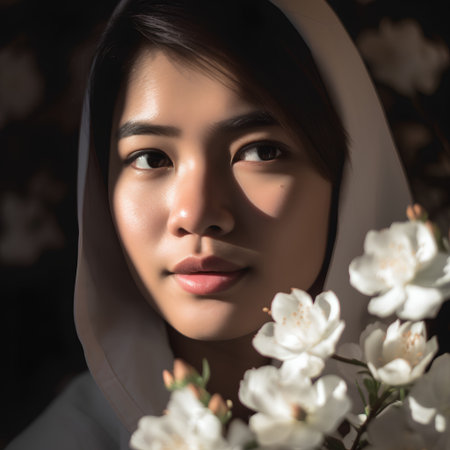Portrait of a beautiful asian woman with sakura blossomの素材