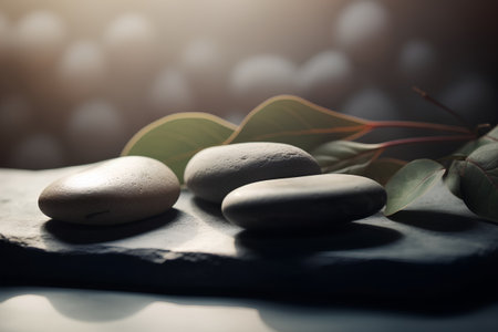 Spa stones and eucalyptus branch on dark backgroundの素材