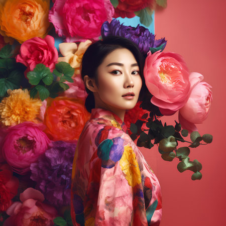 Beautiful young asian woman with flowers in her hair. Beauty, fashion.の素材