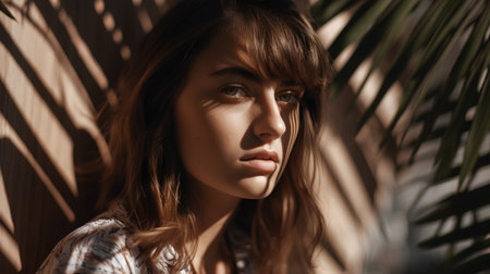 Beautiful young woman in the shadow of palm leaves. Beauty, fashion.の素材