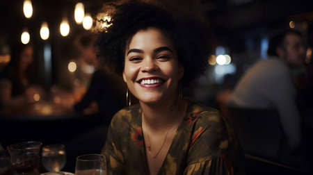 Portrait of a beautiful african american woman smiling in a restaurantの素材