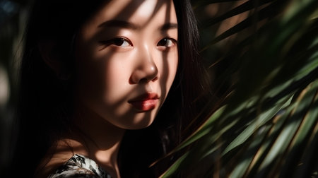 Portrait of a beautiful asian woman in a tropical forest.の素材