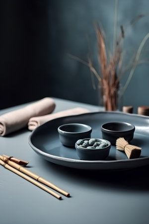 Asian table setting with chopsticks and bowl of tea on dark backgroundの素材