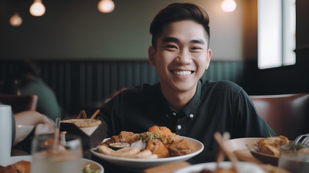 Portrait of a happy young man sitting in a restaurant and enjoying his mealの素材
