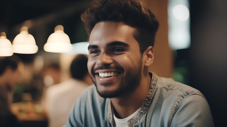 Closeup portrait of a young man smiling at the camera in a cafeの素材