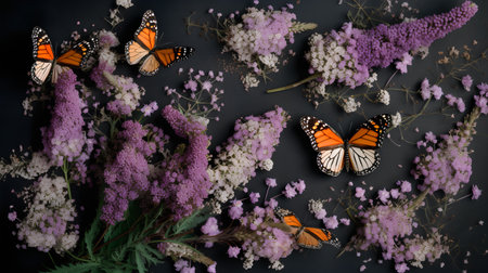 Flowers and butterflies on black background. Flat lay, top viewの素材