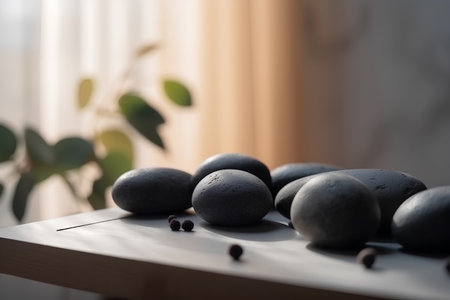 Spa stones with pebbles on a wooden table in the roomの素材