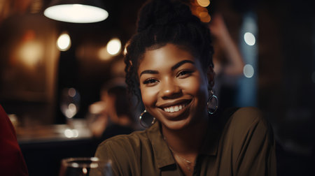 Portrait of beautiful african american woman smiling at restaurant.の素材