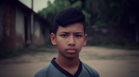 Portrait of a young Asian man looking at camera, outdoor shotの素材