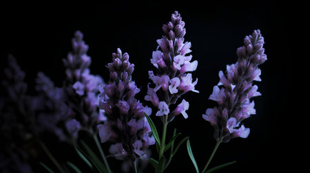 Lavender flowers on a black background. Close-up.の素材