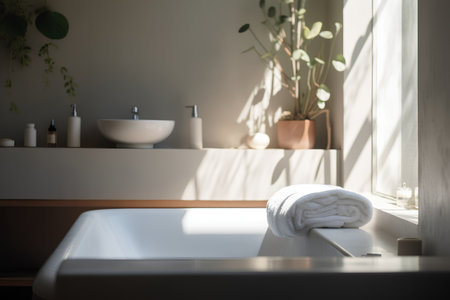 Bathroom interior with white bathtub, towel and green plant.の素材