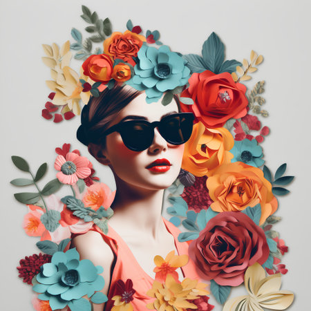 Fashion portrait of a beautiful young woman in sunglasses and floral wreathの素材