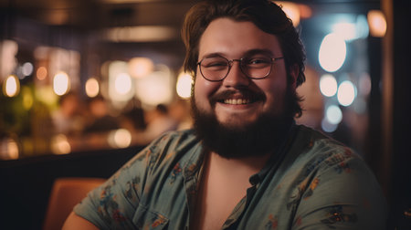 Portrait of a handsome young man with a beard and glasses in a cafe.の素材