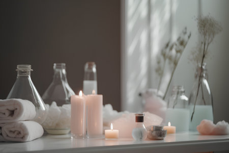 Spa still life with candles, sea salt and towels on tableの素材