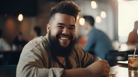 Handsome african american man smiling while sitting in cafeの素材