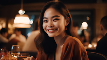 Portrait of beautiful asian woman smiling and looking at camera in restaurantの素材