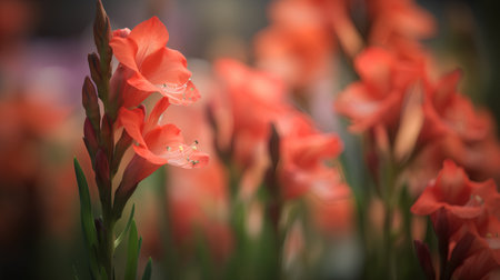 Beautiful gladiolus flowers in the garden. Soft focus.の素材