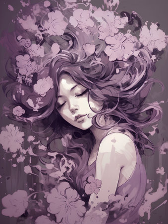 Illustration of a beautiful young woman with flowers in her hair.の素材