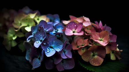 Colorful hydrangea flowers with water drops on black backgroundの素材