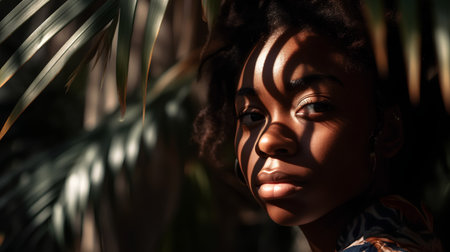 Portrait of a beautiful young african american woman in the gardenの素材