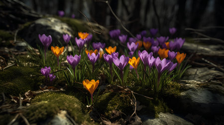 Beautiful crocus flowers in the spring forest. Early spring.の素材