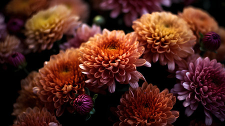 Colorful autumn chrysanthemums on a dark background.の素材