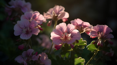 Pink geranium flowers in the garden in the rays of the setting sunの素材