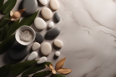 Spa composition with zen stones, sea salt and green leavesle backgroundの素材