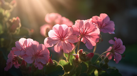 Beautiful pink geranium flowers in the sunlight. Soft focus.の素材