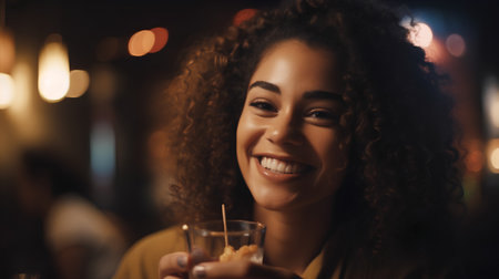 Beautiful african american woman with curly hair drinking coffee at nightの素材
