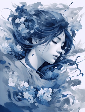 Digital painting of a beautiful young woman with blue hair surrounded by flowersの素材