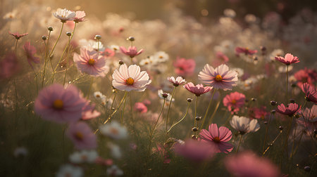 Cosmos flowers blooming in the meadow in vintage style.の素材