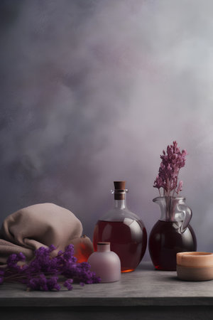 Spa still life with lavender flowers, bottles of oil and soap on wooden tableの素材